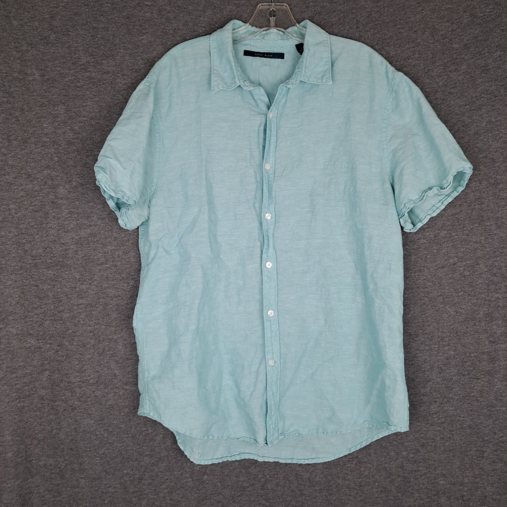 Perry Ellis Shirt Mens Size Large Blue Short Sleeve Button Up Linen Blend